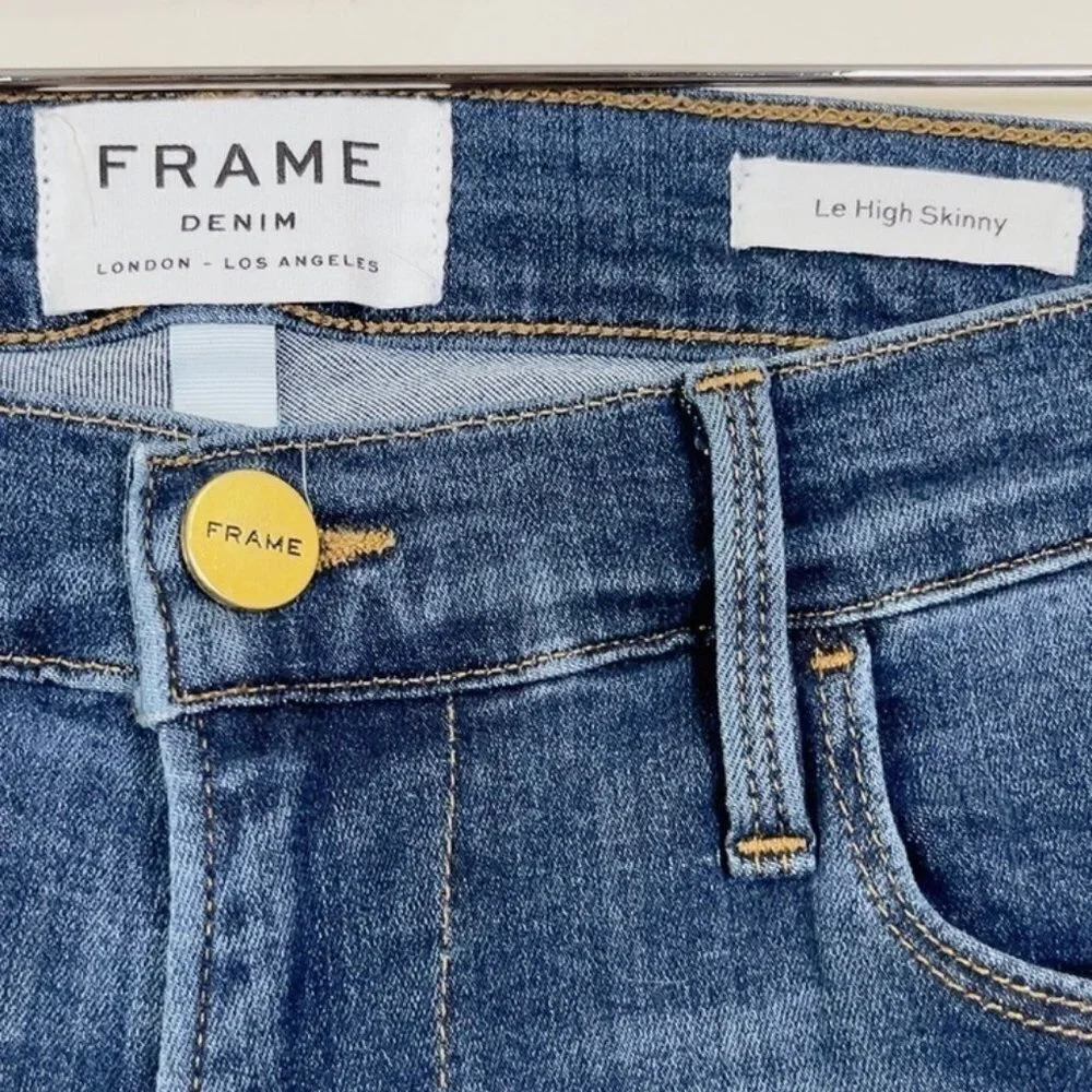 Frame Le High Skinny Medium Wash Chew Hem Jeans - Picture 6 of 12